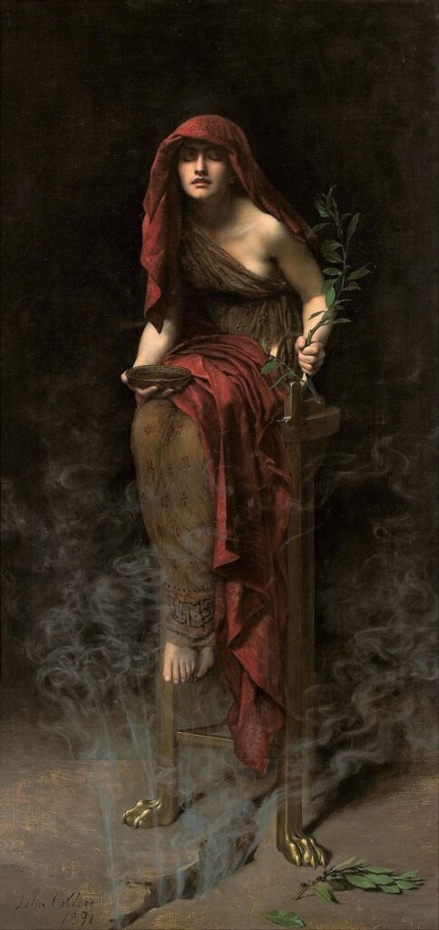 The Priestess of Delphi entering a trance state amidst rising vapors, symbolizing the bridge between the Void and prophecy