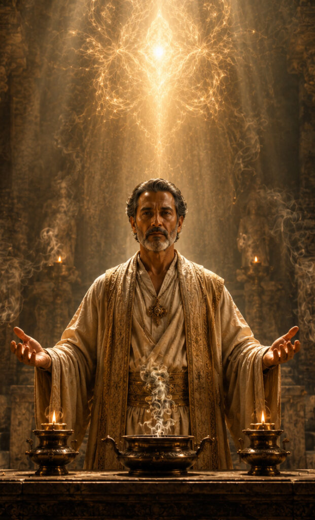 a Priest stands before an altar with candles and incense burning representing the Priest archetype of the Divine Masculine