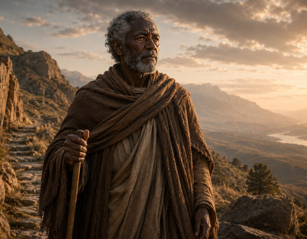 a weathered, aged man, with a staff, clothed in simple robes, representing the Sage archetype of the Divine Masculine