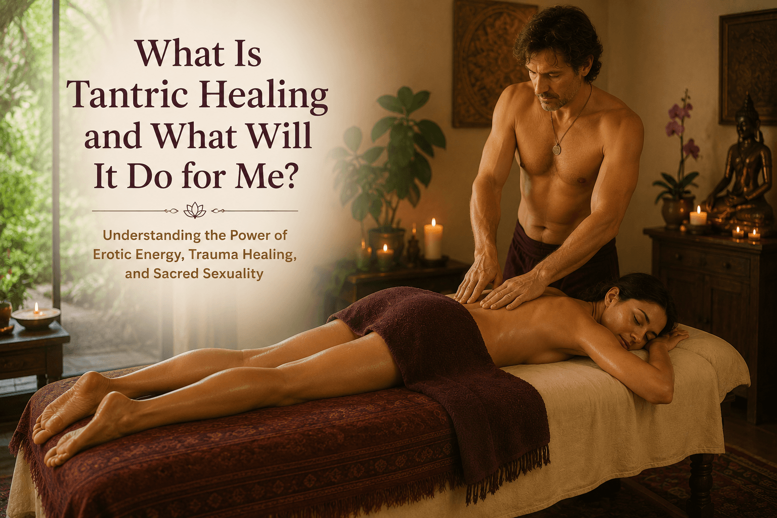 Male Tantric Healing practitioner offering conscious touch to a female client lying face down on a massage table in a warm, candlelit healing room