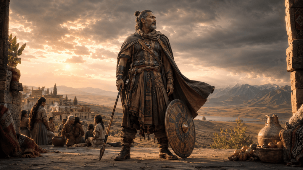 Warrior holding spear and shield stands ready to protect the people behind him; the Warrior archetype Divine Masculine