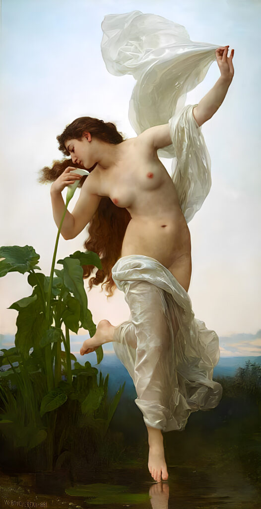 Woman in white satin floating above a pond, representing somatic transcendence