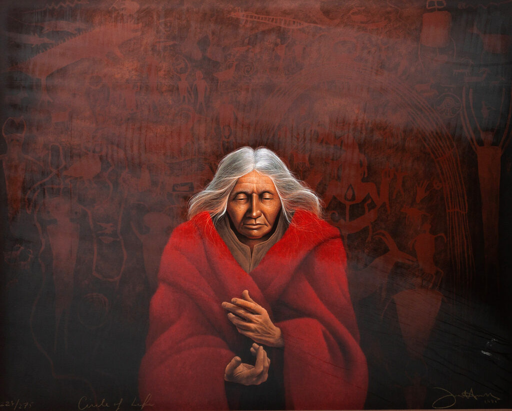 Frank Howel's painting of a Wise Woman in a red robe standing before a brown background with indigenous art