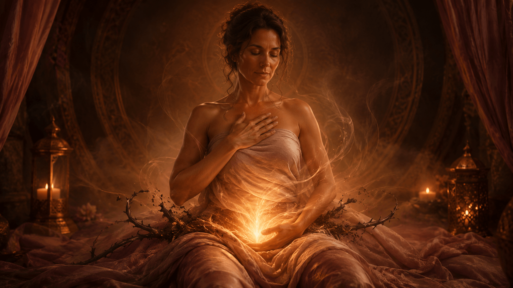 A woman in a candlelit sacred space sits as golden light rises from her pelvic bowl, symbolizing yoni healing and pelvic release