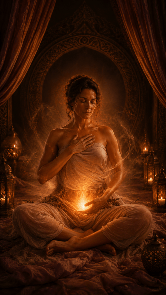 A woman sits cross-legged in a warm candlelit sacred space, one hand on her heart and one near her pelvis, as golden light rises from her pelvic bowl and dark cords dissolve around her hips