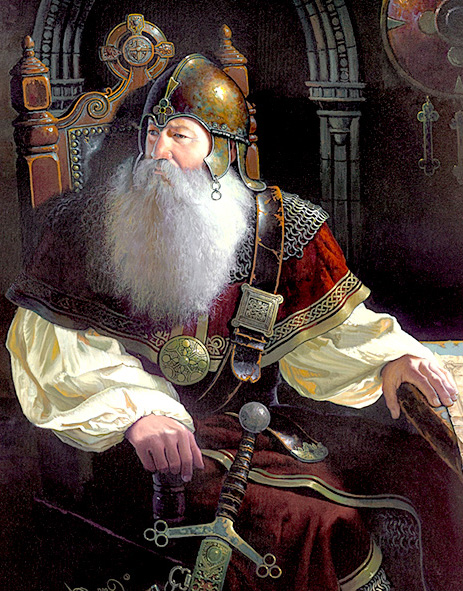medieval king, seated, wearing a helmet, long grey beard, in fine robes, with sword leaning on his knee, representing the King archetype