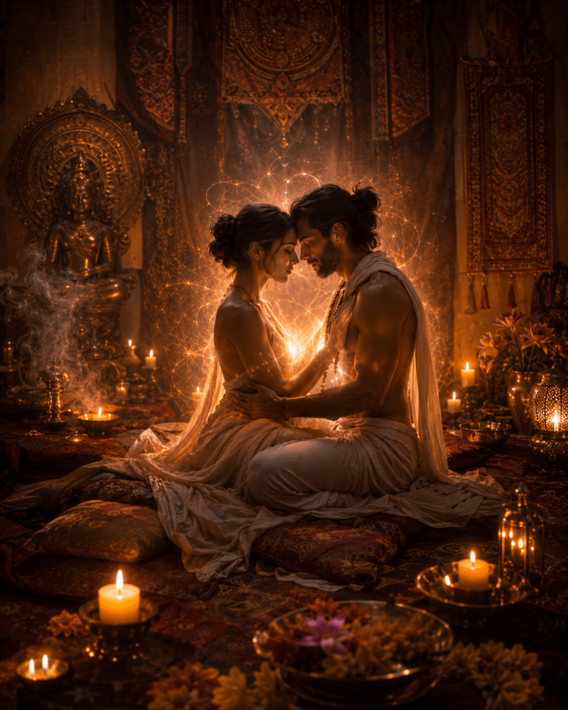 A couple in meditative embrace surrounded by candlelight, incense, and golden energy, symbolizing sacred sexuality, Tantra, presence, and spiritual union