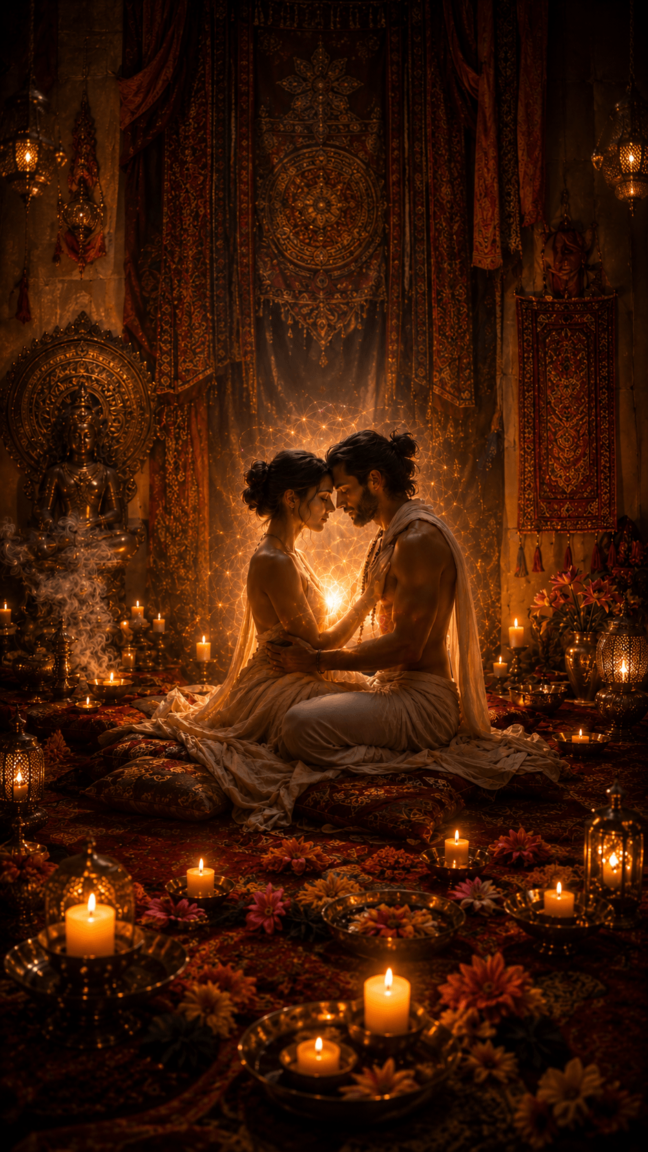 A candlelit Tantric couple sits in sacred embrace as golden energy glows between them, representing intimacy, reverence, and spiritual communion