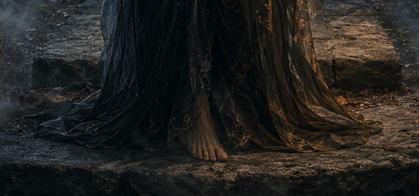 Hekate stands on a stone threshold