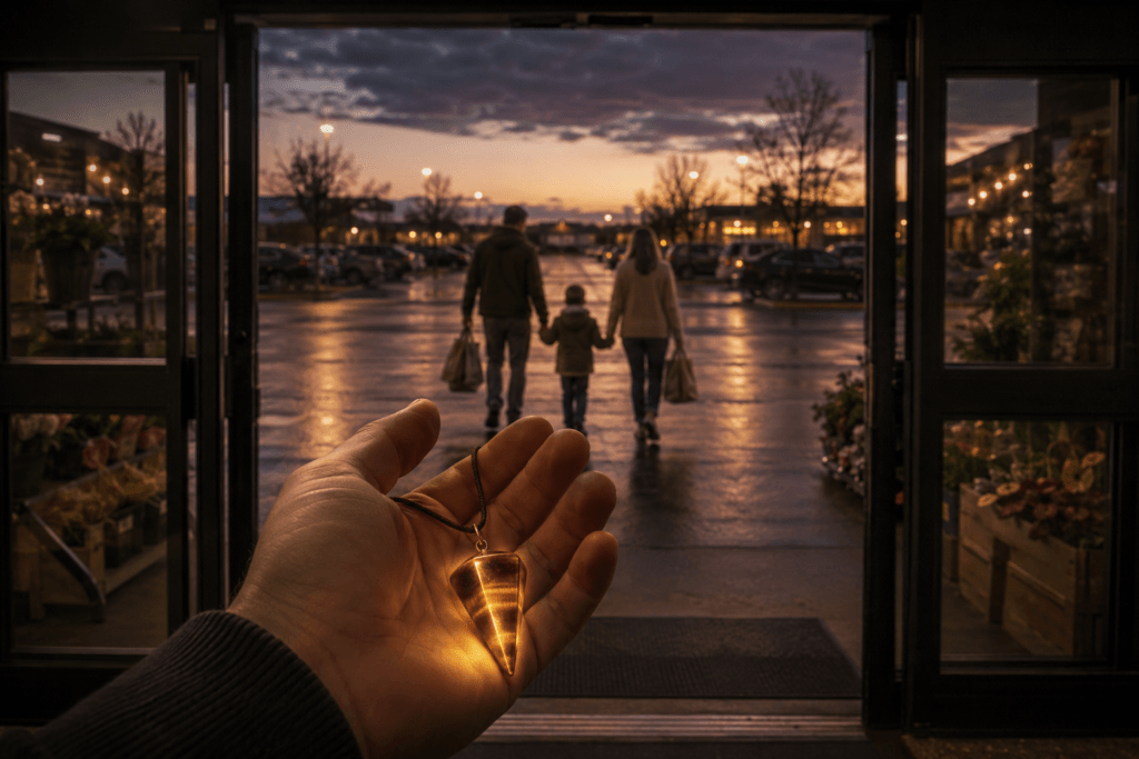 a man holds a glowing tiger eye pendant in his hand as a family walks away from the grocery store after a magical encounter