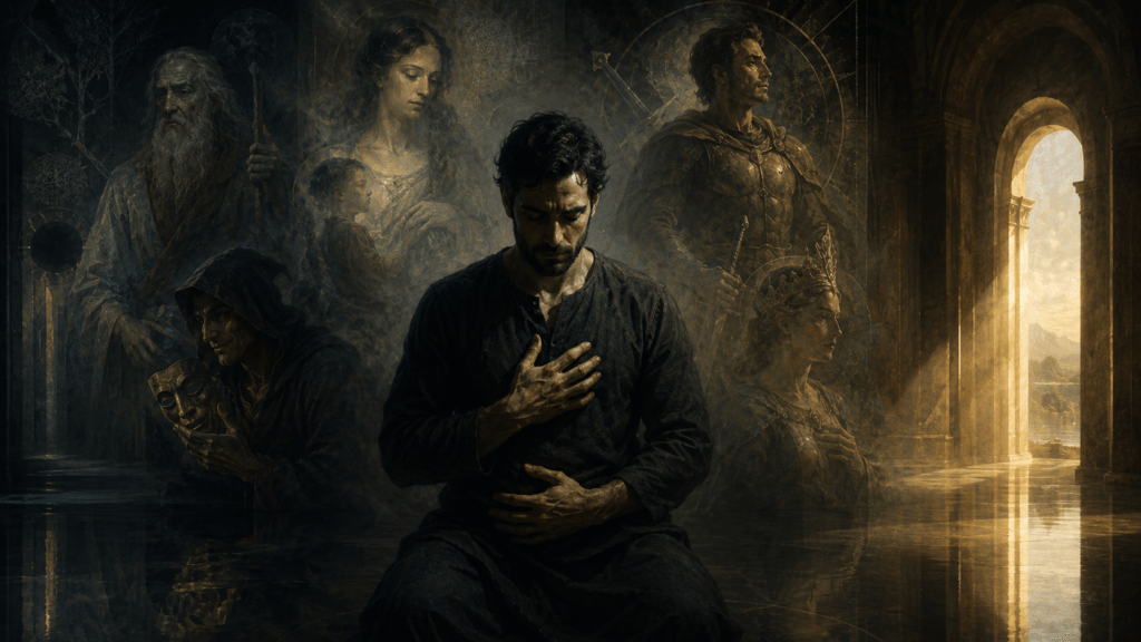 A seated man holds his chest and abdomen while symbolic archetypal figures emerge around him in a shadowed hall with light pouring through an arched doorway.