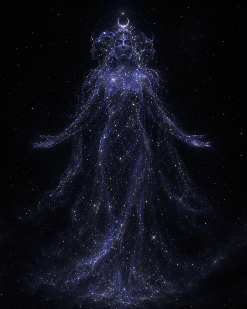 Cosmic Hekate made of stars stands in the dark void with arms outstretched.
