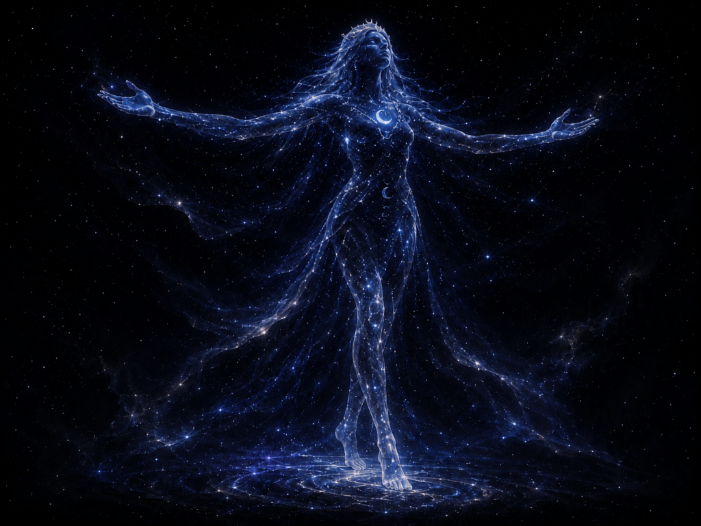 Cosmic Hekate made of stars stands in the dark void with arms outstretched, head lifted, with star-kissed feet stepping across stardust.