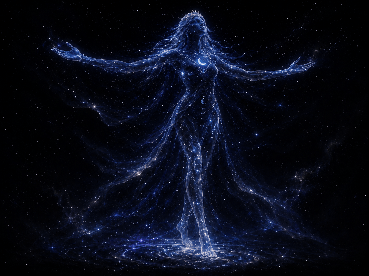 Cosmic Hekate made of stars stands in the dark void with arms outstretched, head lifted, with star-kissed feet stepping across stardust.