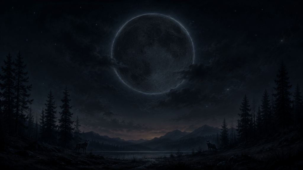 A dark moon with a faint glowing outline hangs over a shadowed landscape, with sparse stars, thin clouds, silhouetted trees, and two wolves with pale blue eyes near the treeline.