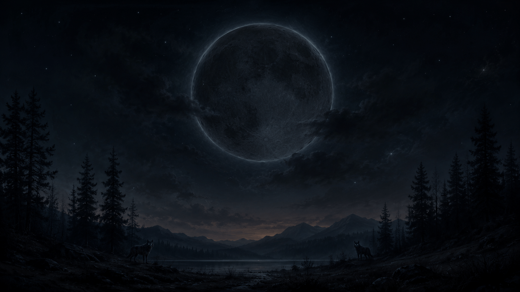 A dark moon with a faint glowing outline hangs over a shadowed landscape, with sparse stars, thin clouds, silhouetted trees, and two wolves with pale blue eyes near the treeline.