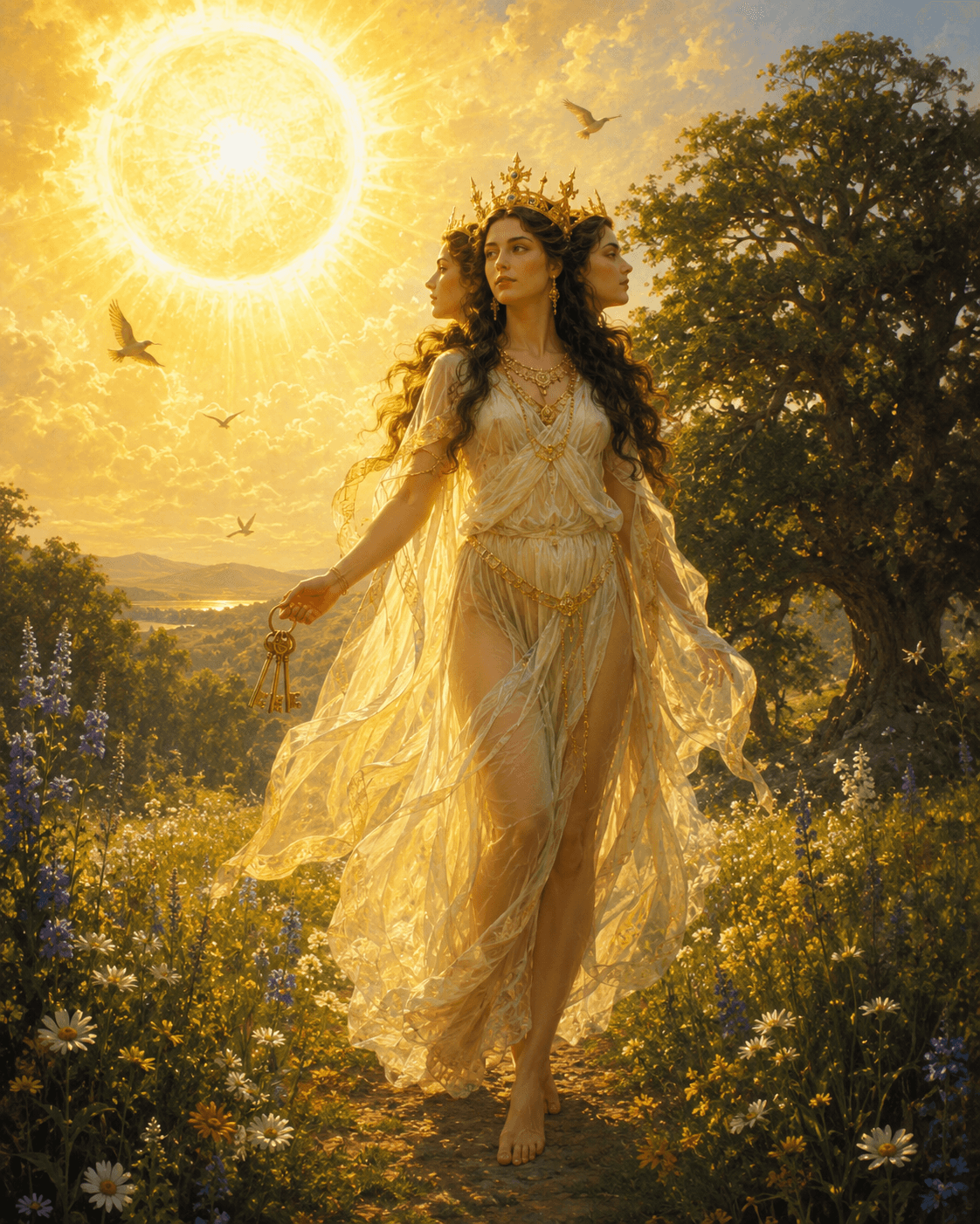 A bright summer vision of Hekate holding keys beneath a dominant golden sun, standing barefoot in a field of flowers with birds and sacred trees.