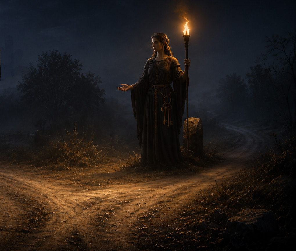 Hekate stands at a moonlit crossroads holding a torch and offering guidance