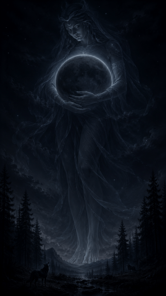A towering translucent Hekate stands in a night landscape, tenderly holding the Dark Moon, with stars, trees, and two wolves below.