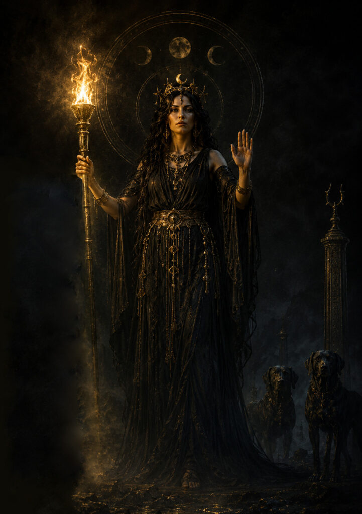 Hekate stands holding her torch high with hand raised in blessing