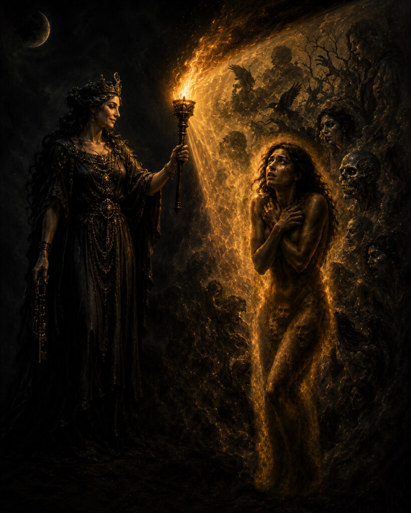 Hekate holding a torch at a dark crossroads, her light revealing the hidden inner self and the shadows of shame, fear, and healing