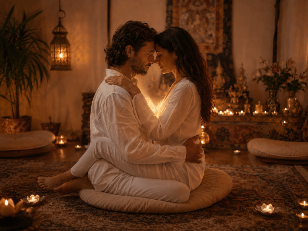 Fully clothed couple practicing Yab-Yum meditation in a candlelit Tantra room with a soft heart-centered glow between them.