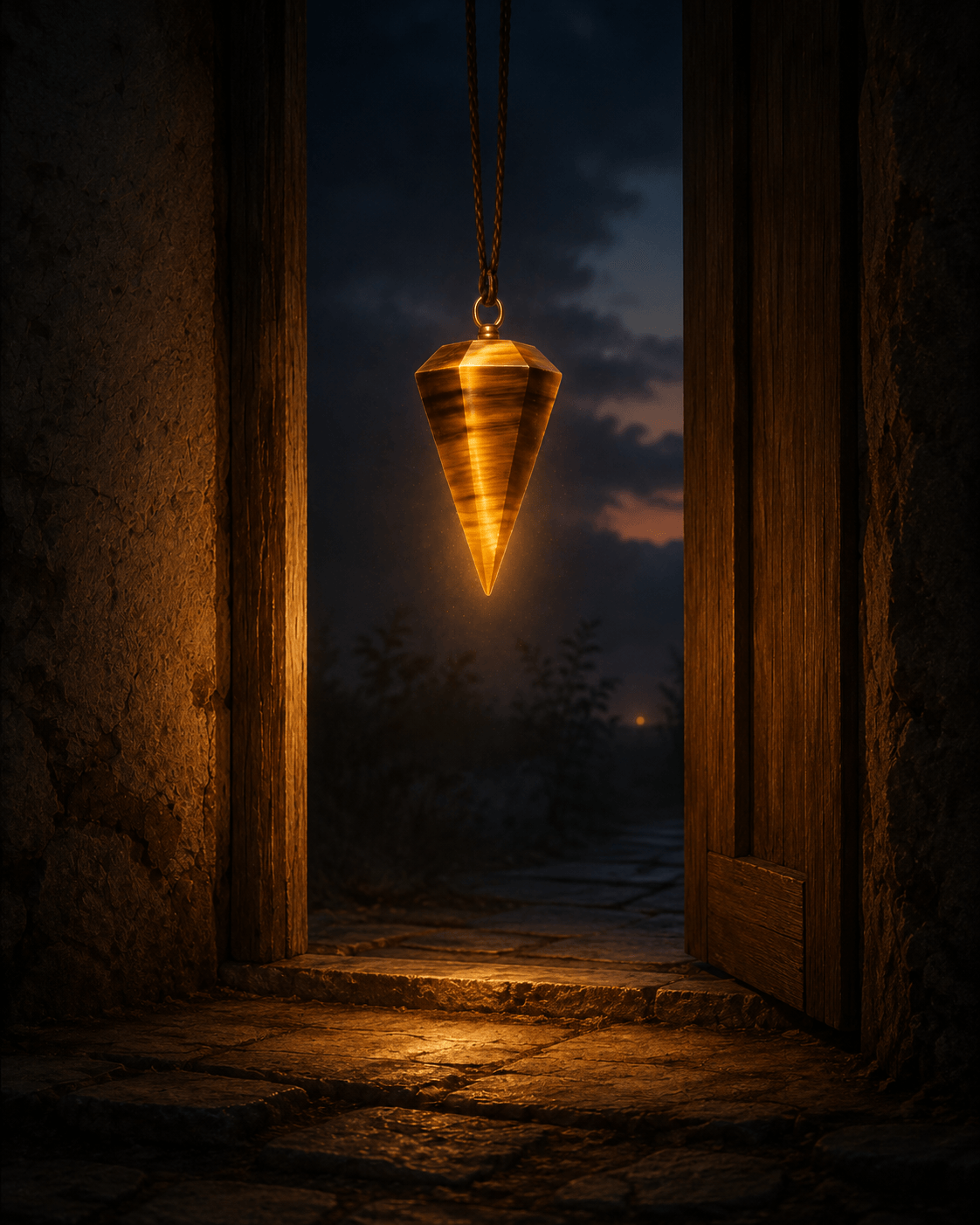 A glowing Tiger Eye pendant hangs in a rustic doorway at dusk, casting warm light across the threshold
