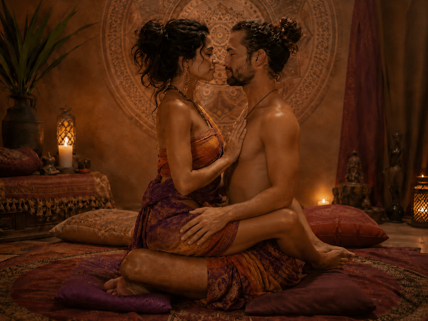 Adult couple seated in Yab Yum meditation with foreheads touching, one hand on the heart, surrounded by warm candlelight and Tantra-inspired decor.