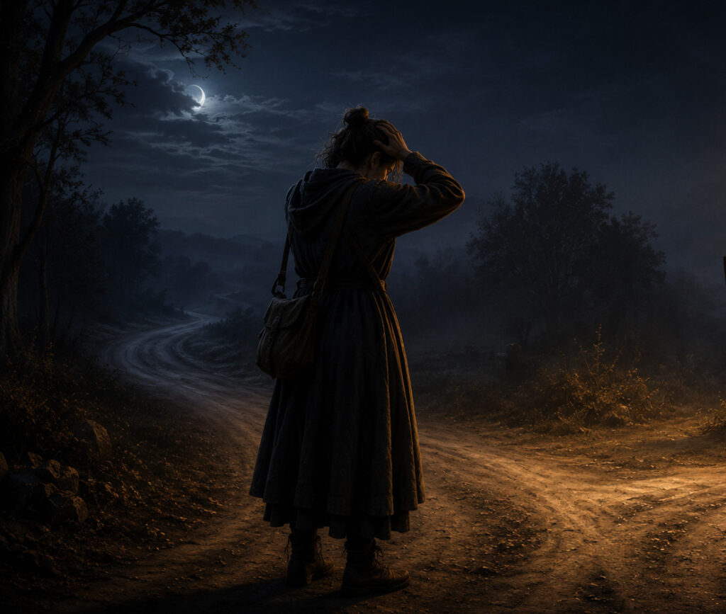 A distressed traveler stands at a moonlit crossroads, unsure which path to take