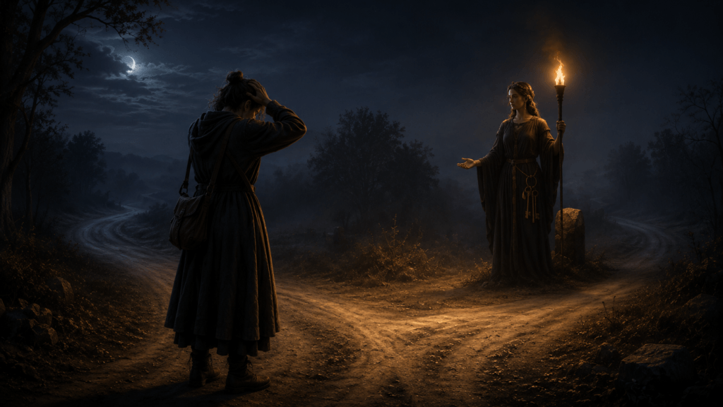 A distressed traveler stands at a moonlit crossroads while Hekate holds a torch and offers guidance.