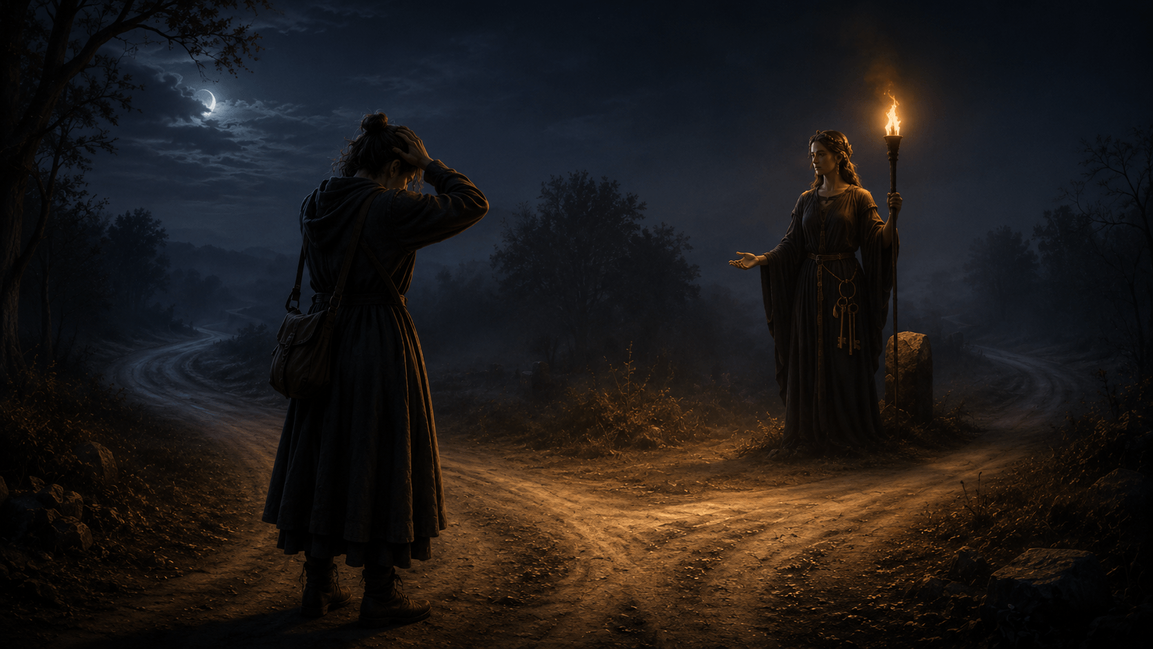 A distressed traveler stands at a moonlit crossroads while Hekate holds a torch and offers guidance.