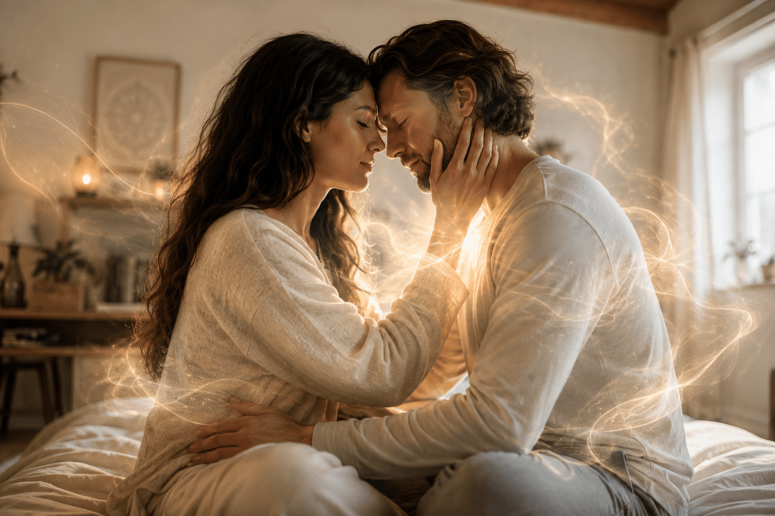 A couple sharing a gentle caress during a quiet Tantric meditation on touch, presence, and sexual communion.
