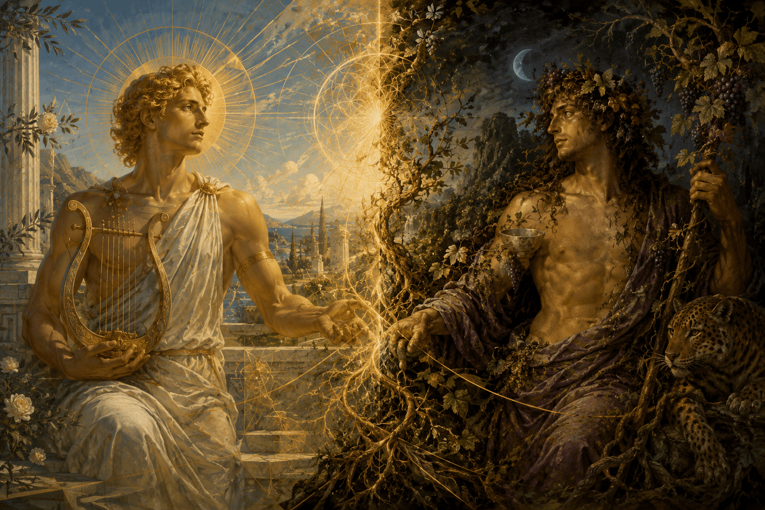 Apollo and Dionysus represent solar order and embodied, chthonic consciousness within the evolving masculine psyche.