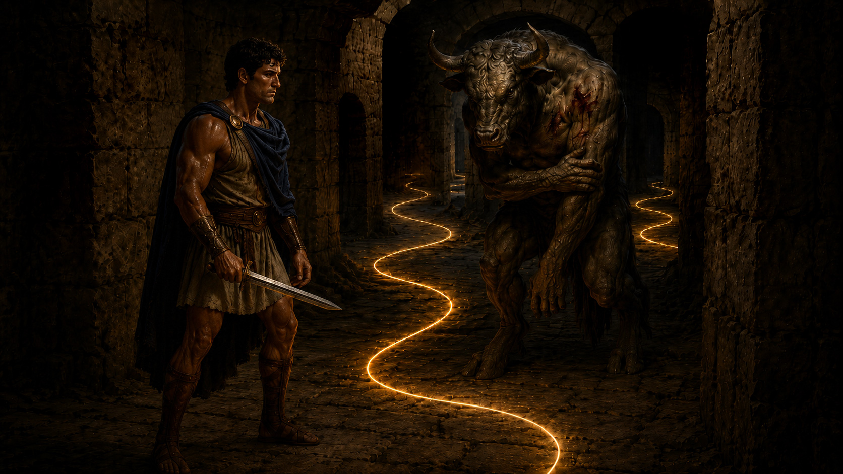 Theseus faces the wounded Minotaur in a dark stone labyrinth as Ariadne’s glowing golden thread winds between them.