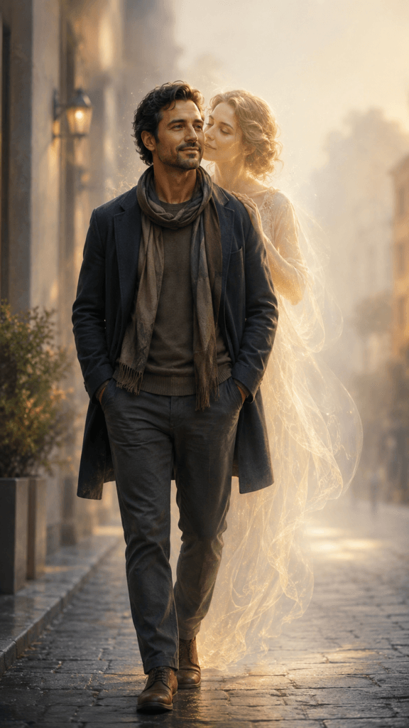 A man walks calmly through a quiet street as a translucent woman behind him represents his integrated Anima and inner feminine guidance.