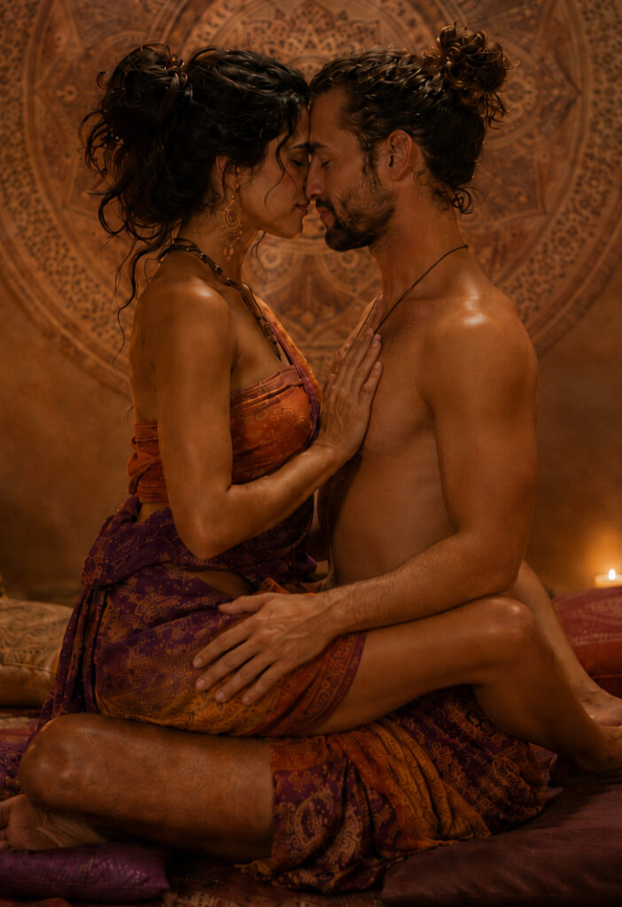 Adult couple seated in Yab Yum meditation with foreheads touching, one hand on the heart, modestly clothed in sarongs.