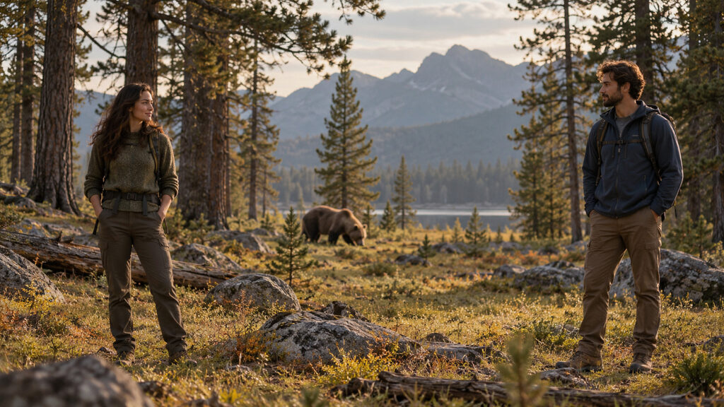 A woman and a man stand at a respectful distance in a forest clearing, with a calm bear in the background, symbolizing women’s safety, personal boundaries, and men’s responsibility.