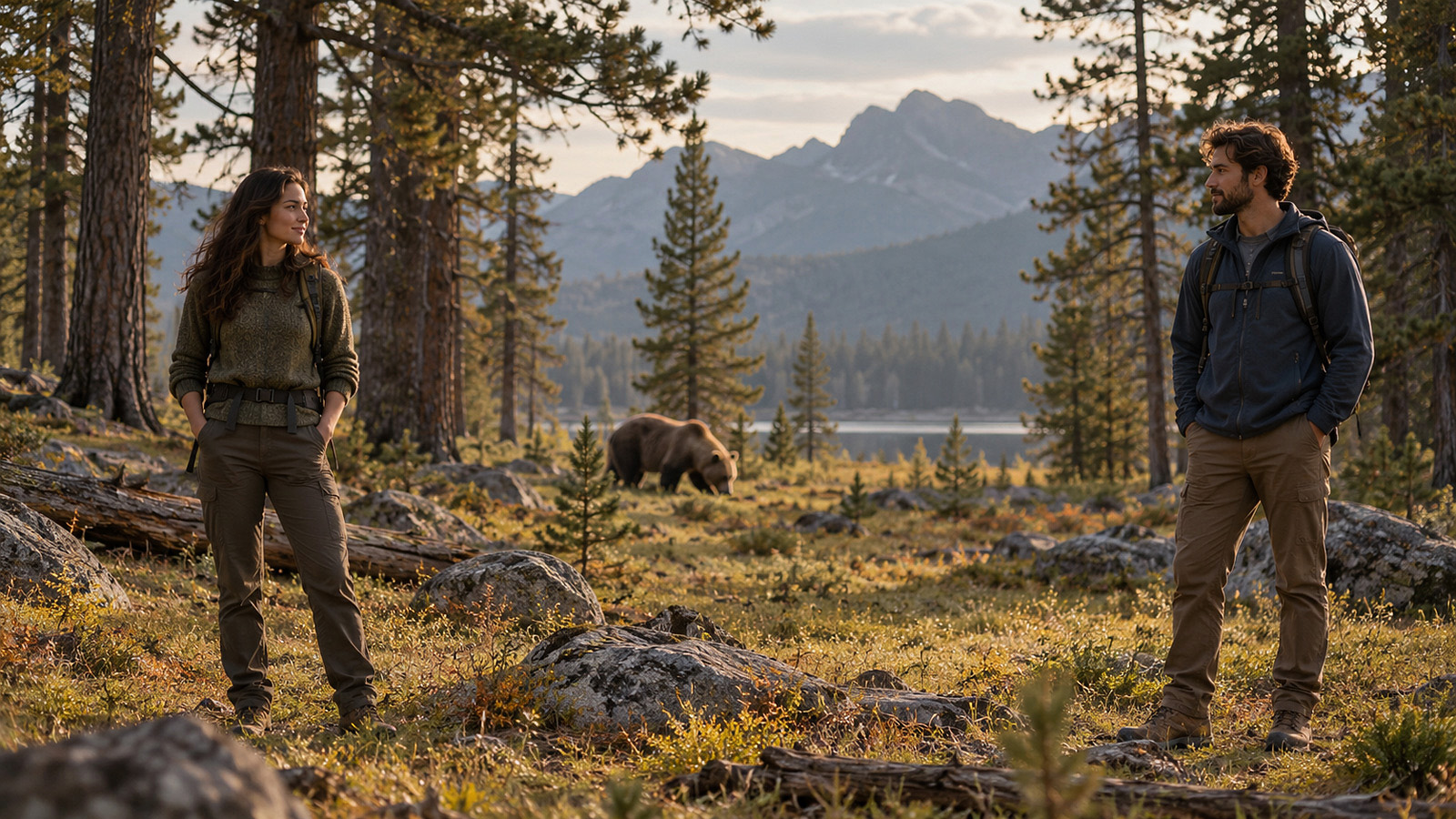 A woman and a man stand at a respectful distance in a forest clearing, with a calm bear in the background, symbolizing women’s safety, personal boundaries, and men’s responsibility.