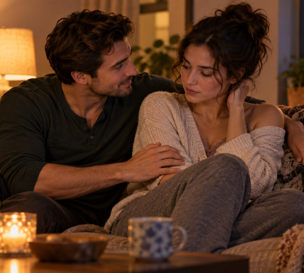 A woman looks hesitant and uncomfortable during a romantic moment, while the man appears affectionate and unaware of her uncertainty.